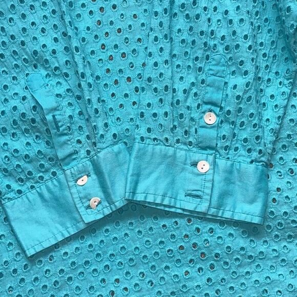 Gretchen Scott Popover Eyelet Collared 1/2 Button 3/4 Sleeve Shirt Teal Women’s - Picture 4 of 11